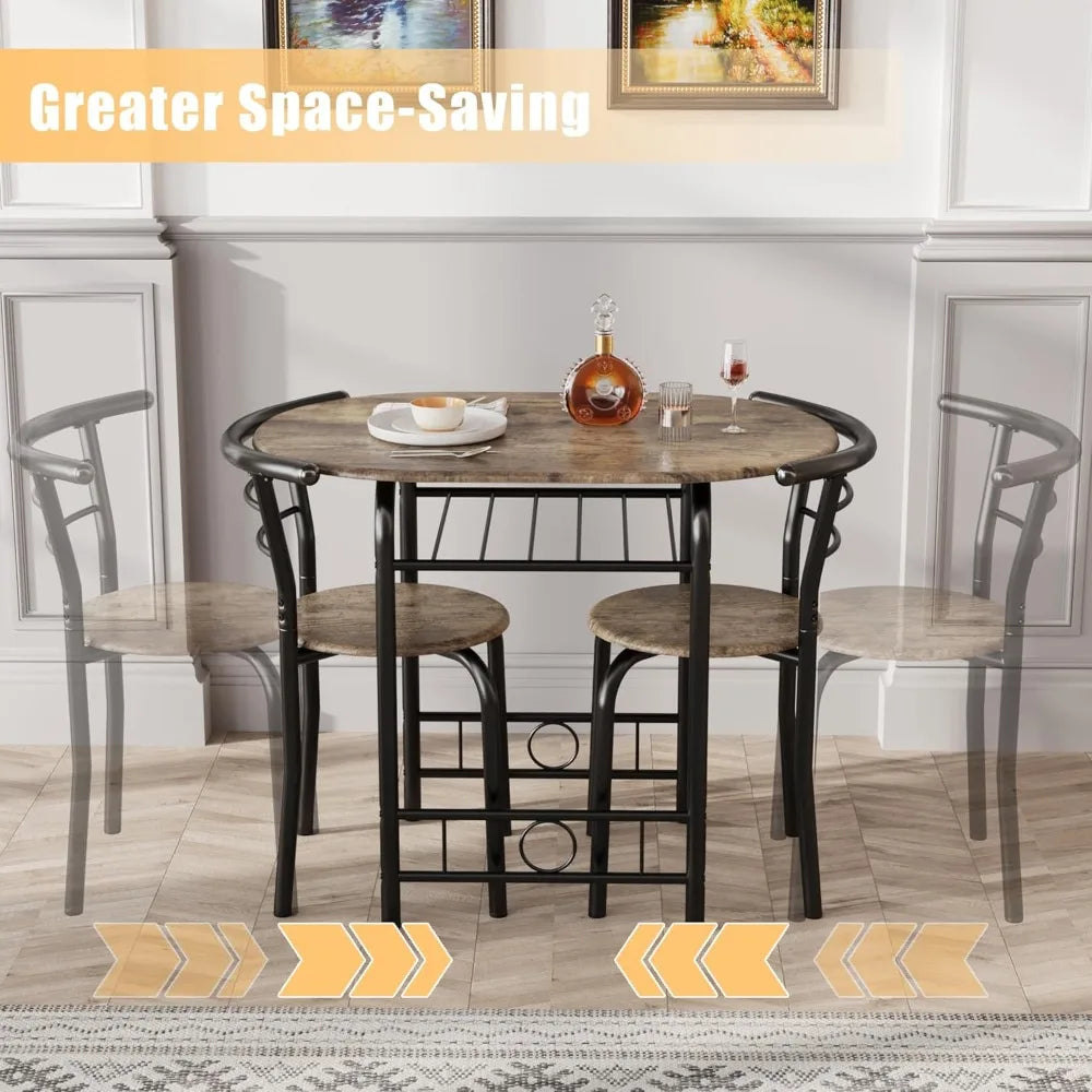 3-Piece Wooden Round Table & Chair Set, Space Saving with Metal Frame
