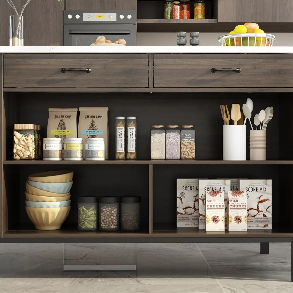 Kitchen Island with Storage, Table with 6 Open Shelves & 2 Drawers & Kitchen Prep
