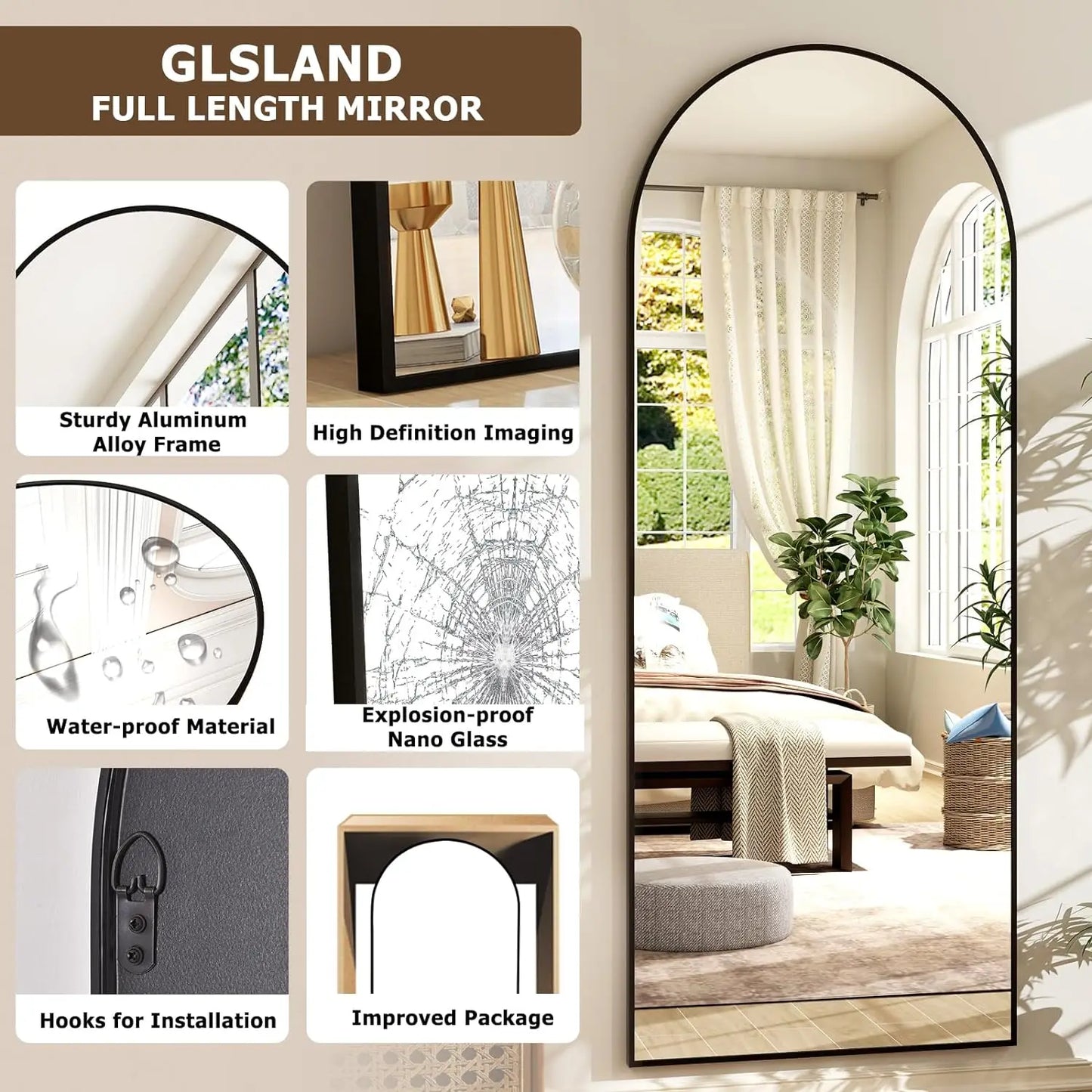 21x64 inch Arched Full Length Mirror-Aluminum Alloy Frame High Definition