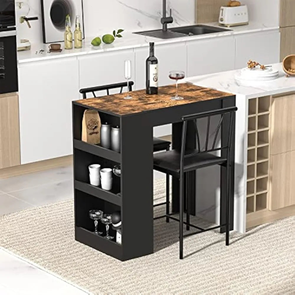 Small Table Tall Kitchen Breakfast Nook with Stools Set for 2, Storage Shelves, Space-Saving, Retro