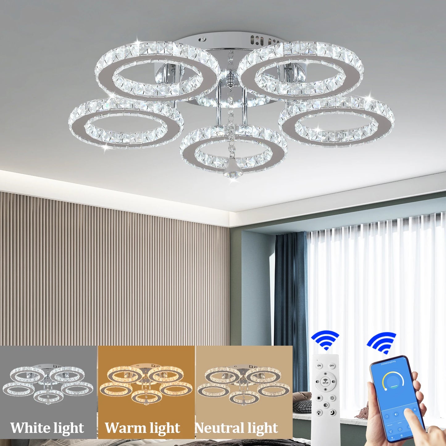 Crystal Led Ceiling Lamp With Remote Control, Modern Chandelier, Surface Mounted Fixture