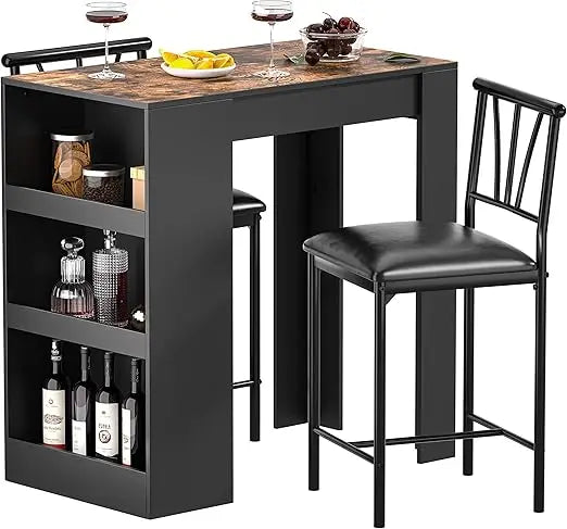 Small Table Tall Kitchen Breakfast Nook with Stools Set for 2, Storage Shelves, Space-Saving, Retro