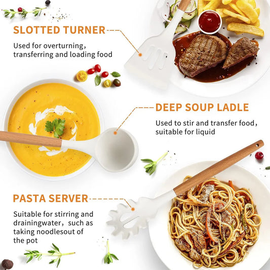 12Pcs Kitchen Utensil Set Silicone Spatula, Wooden Handle, Whisk Non-Stick