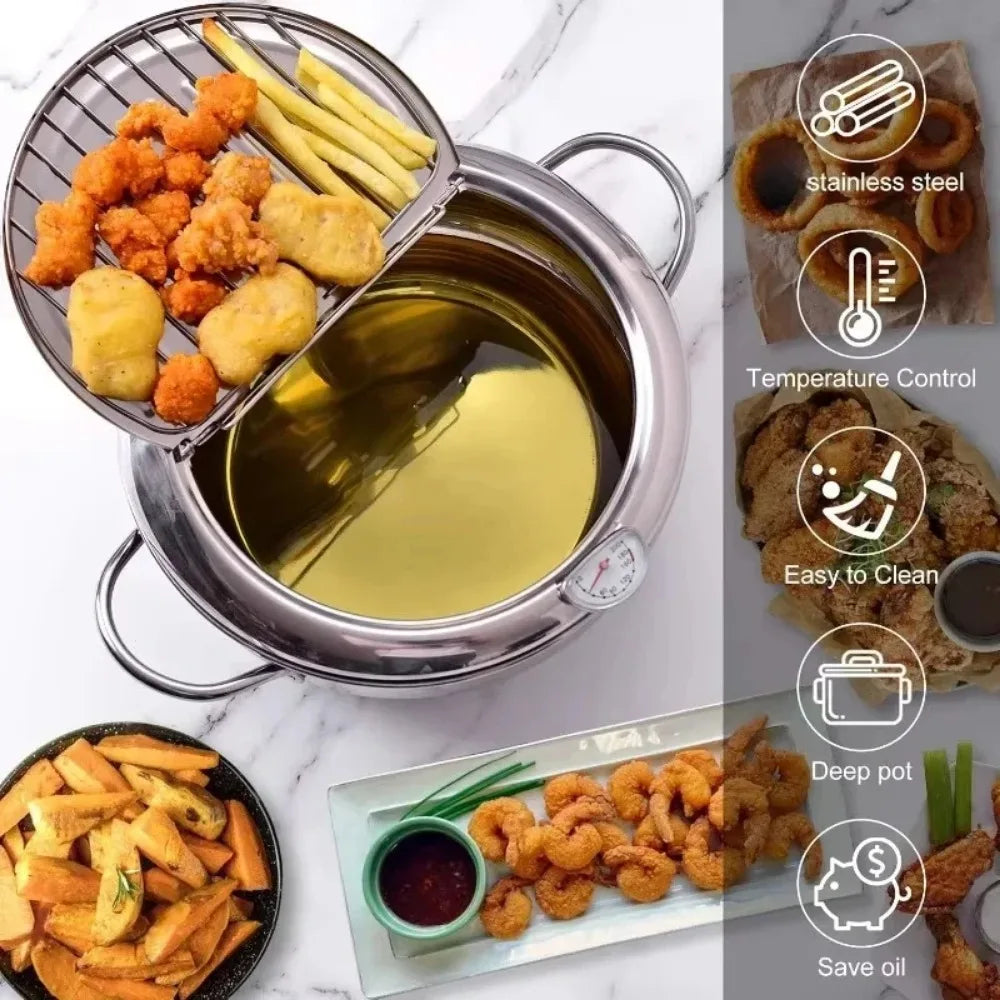 Multifunctional deep fryer with Thermometer, Oil Drip Drainer Rack, Double Bottom Gas Induction