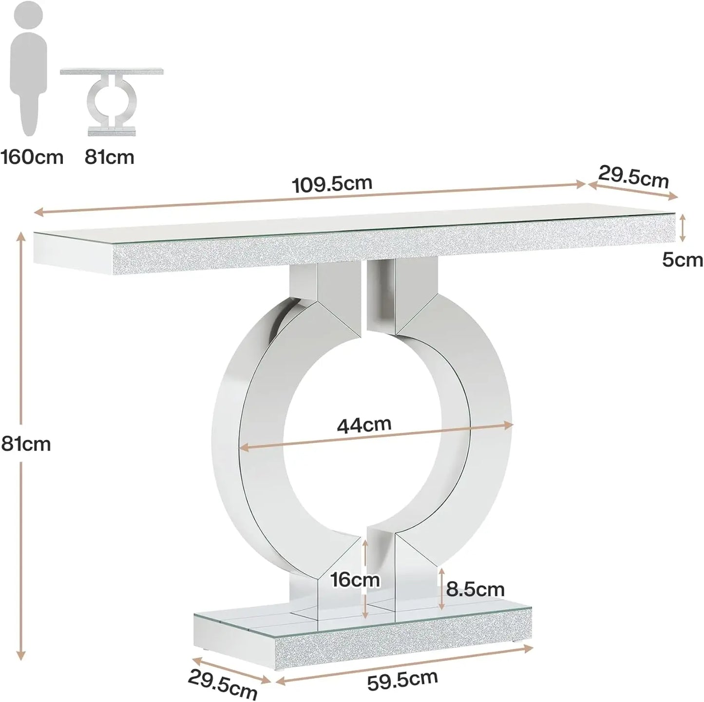 43.3-Inch (110cm)Mirrored Console Table, Modern Entryway Table Mirror Finish Tabletop