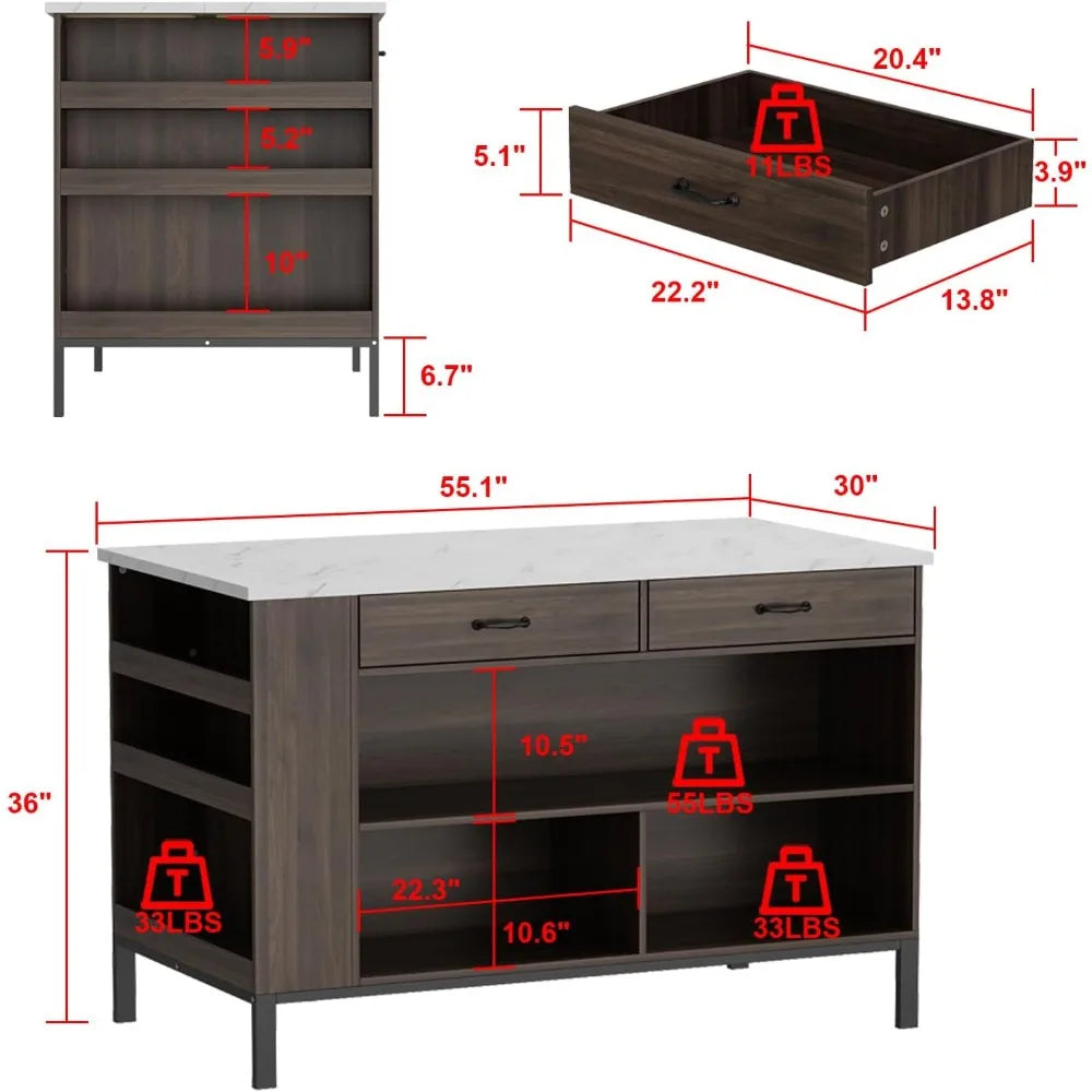 Kitchen Island with Storage, Table with 6 Open Shelves & 2 Drawers & Kitchen Prep