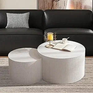 Round Nesting Coffee Table Set of 2, Modern Coffee and End Table Set Small Circle Wooden Drum Side Table Accent End Tables for L