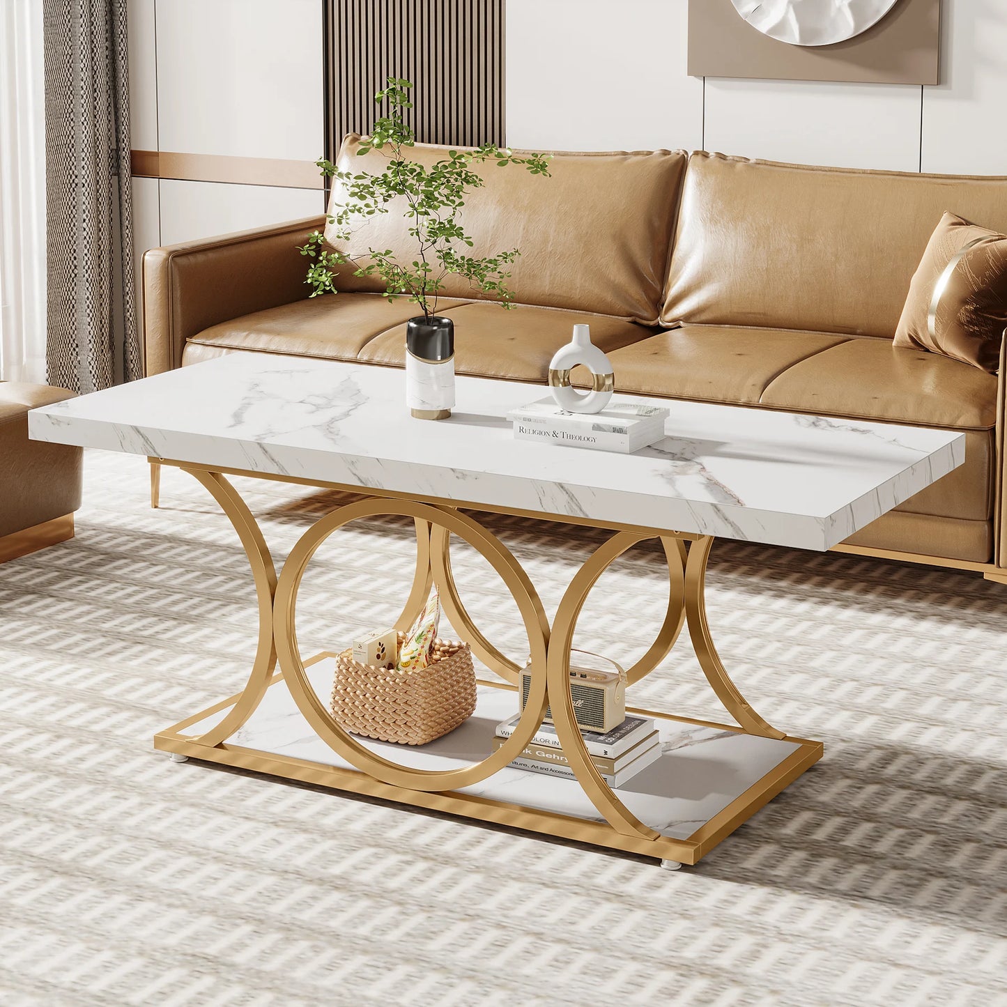 Rectangle Coffee Table, 47.24-inch Modern for Living Room, 2-Tier Faux Marble Wood