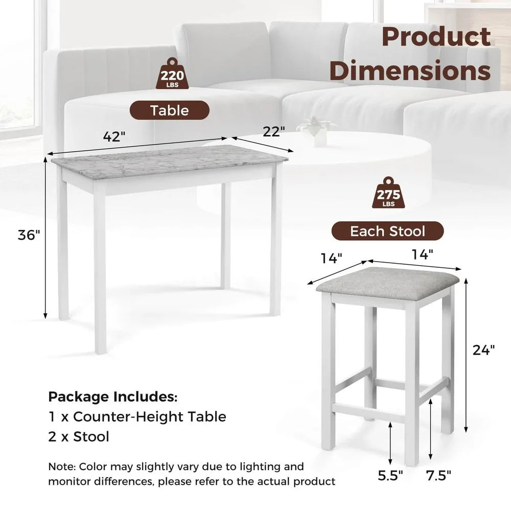 3 PCS Bar Table Set Dining Table & 2 Linen Fabric Padded Bar Stools Faux Marble