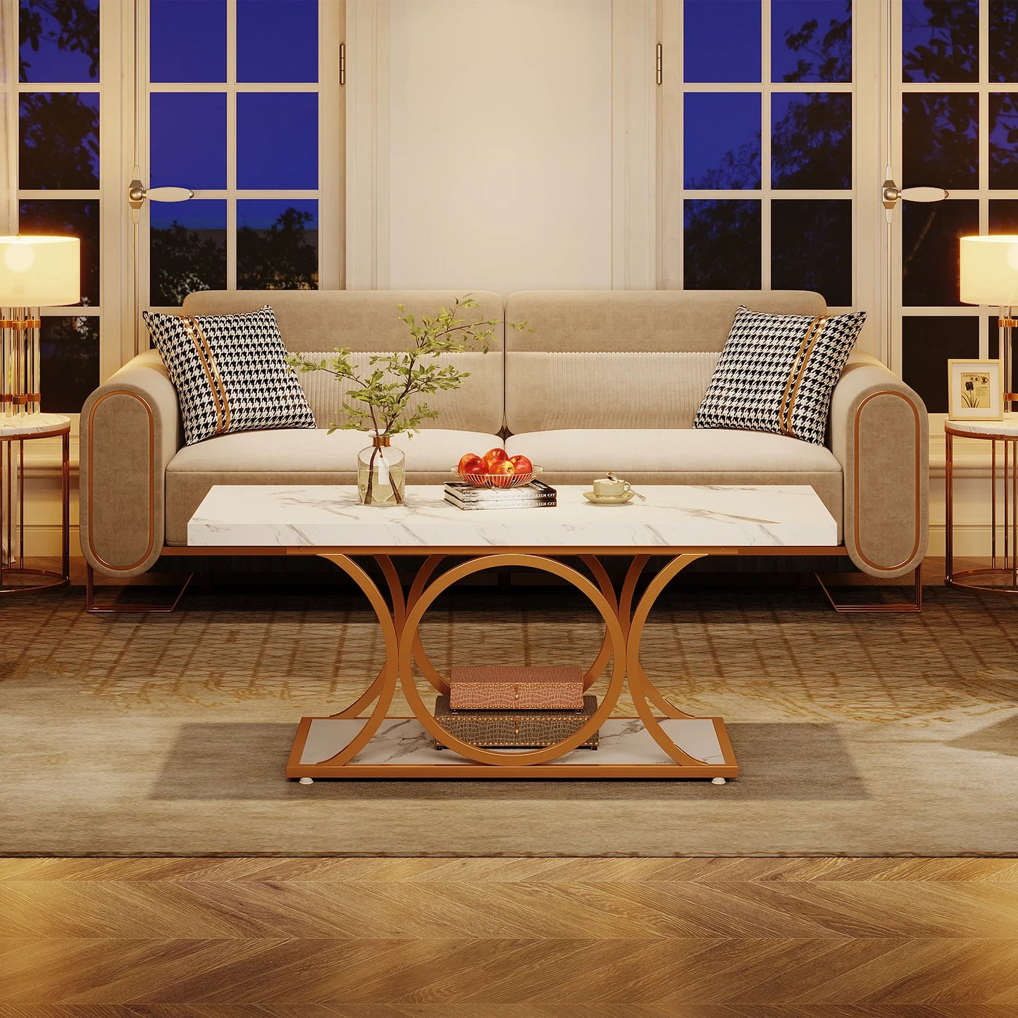 Rectangle Coffee Table, 47.24-inch Modern for Living Room, 2-Tier Faux Marble Wood