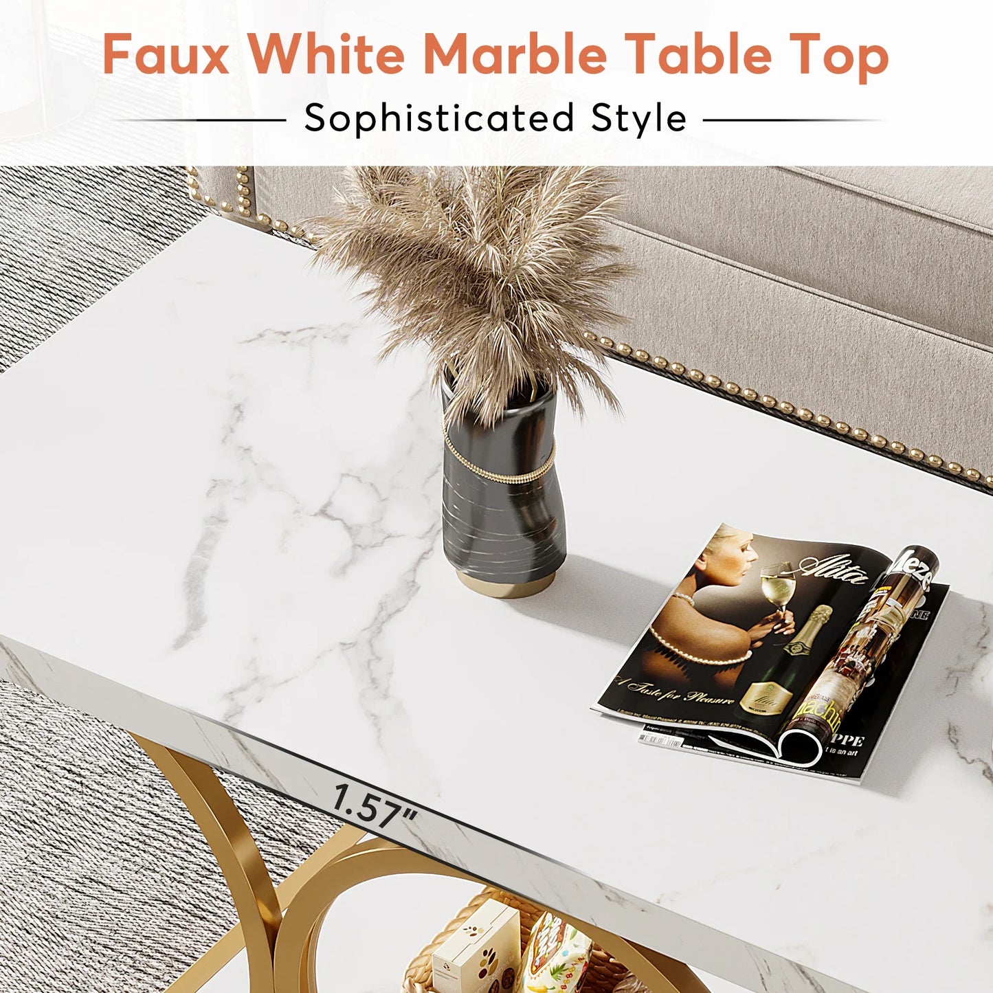 Rectangle Coffee Table, 47.24-inch Modern for Living Room, 2-Tier Faux Marble Wood