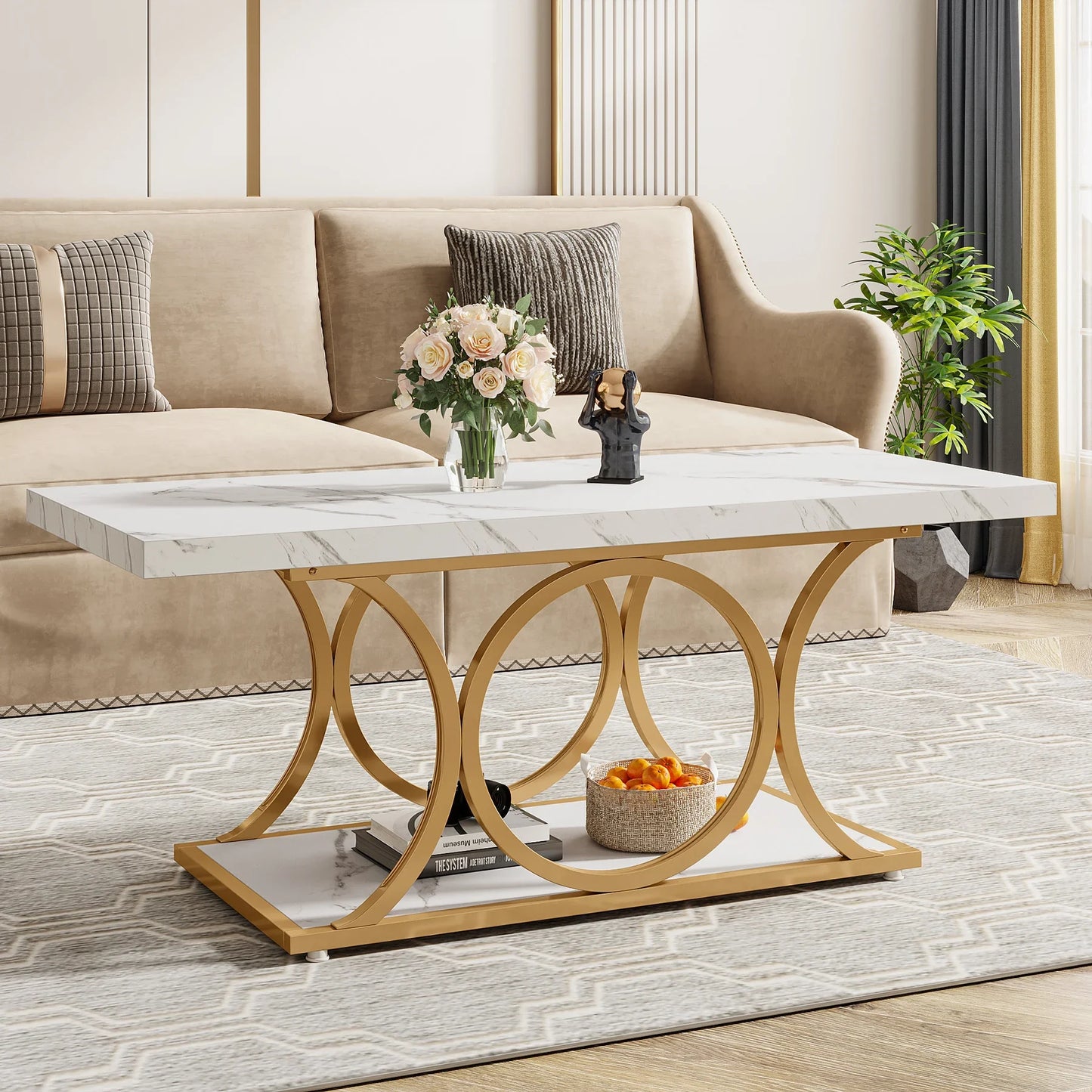 Rectangle Coffee Table, 47.24-inch Modern for Living Room, 2-Tier Faux Marble Wood