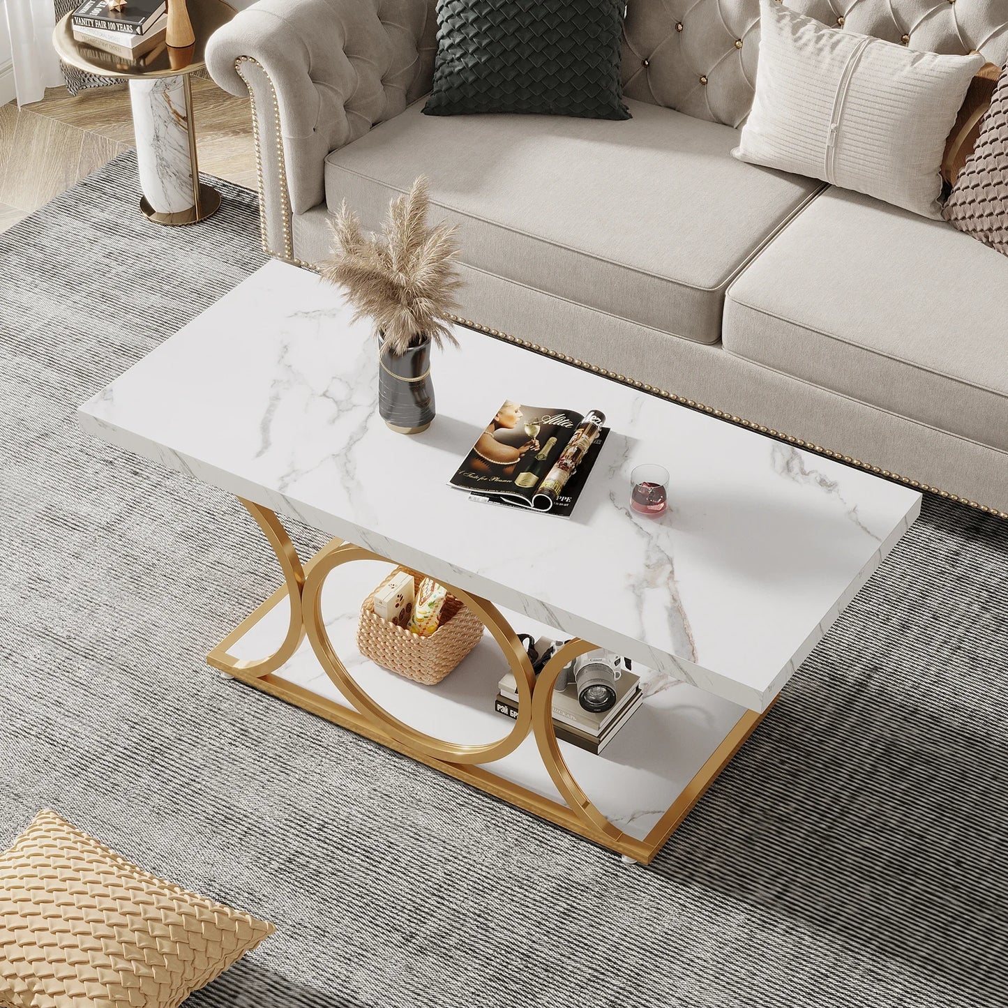 Rectangle Coffee Table, 47.24-inch Modern for Living Room, 2-Tier Faux Marble Wood