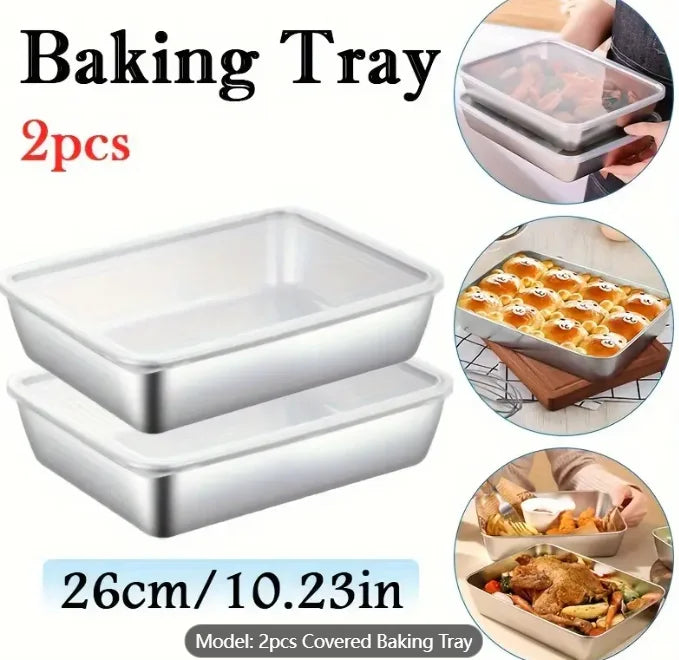 Stainless Steel Baking Tray with Lid 2pcs - Non-Stick, Bpa-Free, Multipurpose Kitchenware