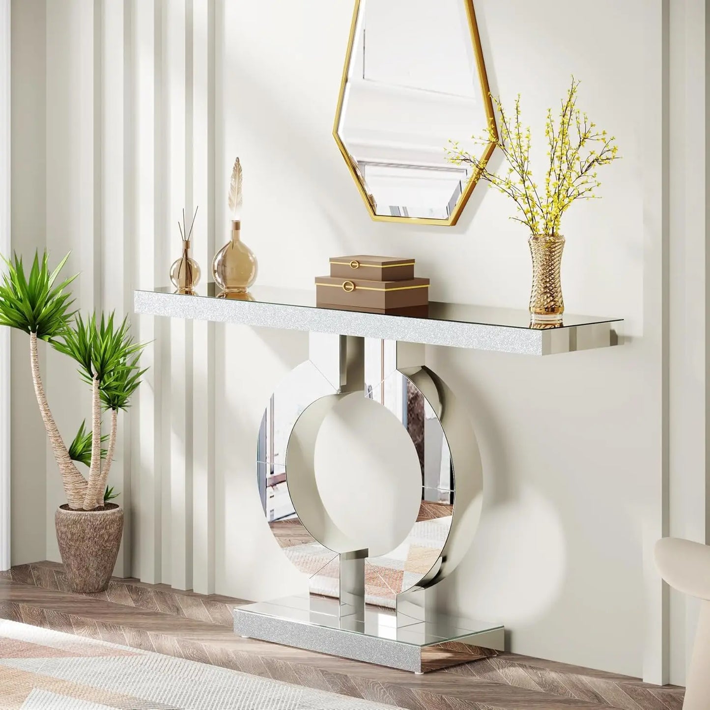 43.3-Inch (110cm)Mirrored Console Table, Modern Entryway Table Mirror Finish Tabletop