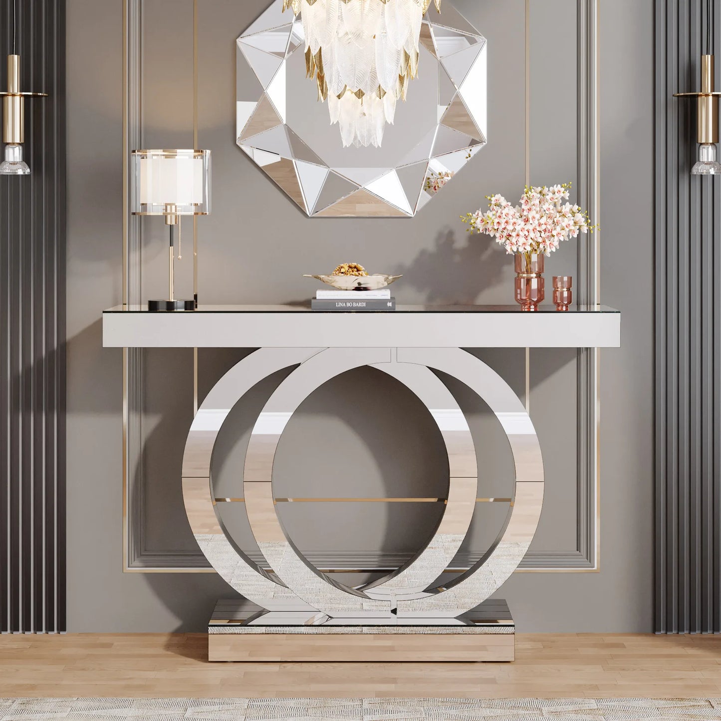 43.3-Inch (110cm)Mirrored Console Table, Modern Entryway Table Mirror Finish Tabletop