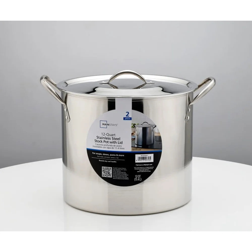 12 Quart Stainless Steel Stock Pot, Metal Lid Stay Cool Handles Heavy Duty, Soup, Stew, Boiling