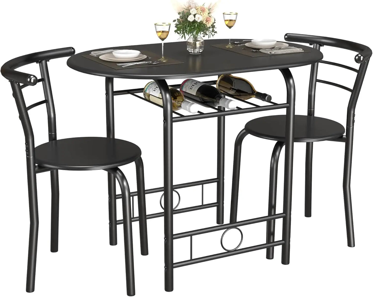 3-Piece Wooden Round Table & Chair Set, Space Saving with Metal Frame