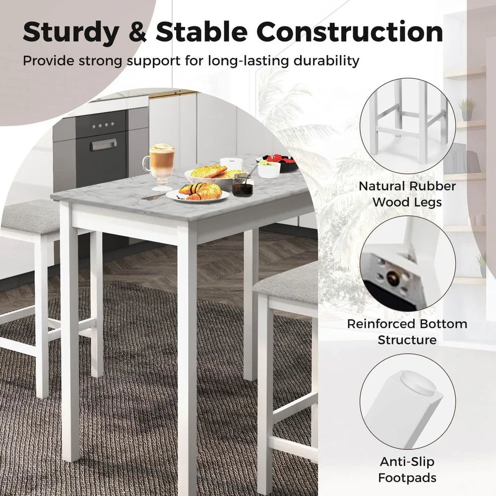 3 PCS Bar Table Set Dining Table & 2 Linen Fabric Padded Bar Stools Faux Marble