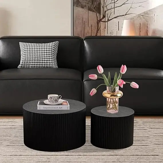 Round Nesting Coffee Table Set of 2, Modern Coffee and End Table Set Small Circle Wooden Drum Side Table Accent End Tables for L