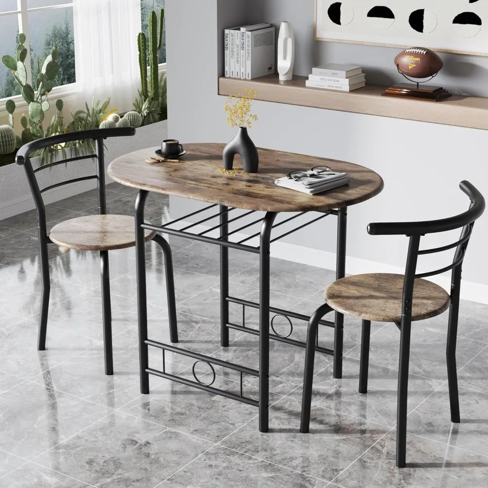 3-Piece Wooden Round Table & Chair Set, Space Saving with Metal Frame