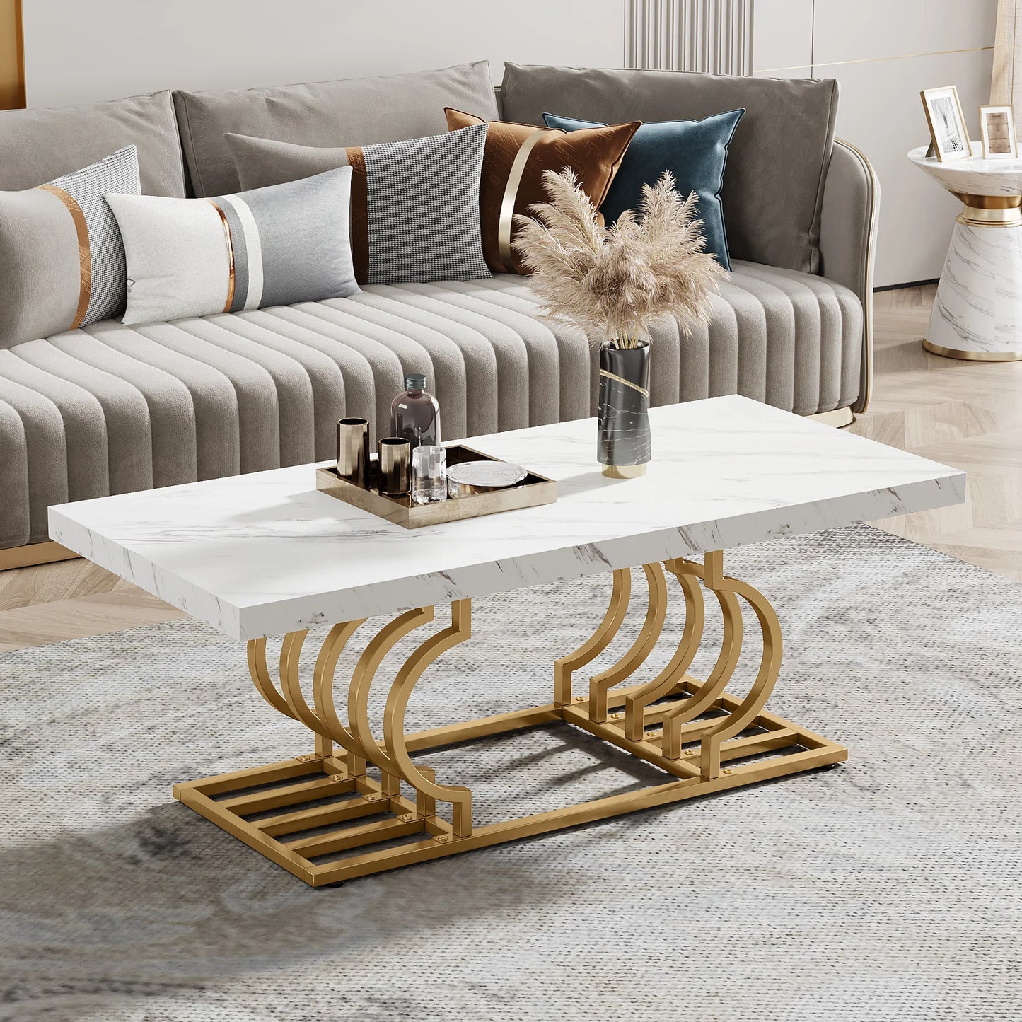 Rectangle Coffee Table, 47.24-inch Modern for Living Room, 2-Tier Faux Marble Wood