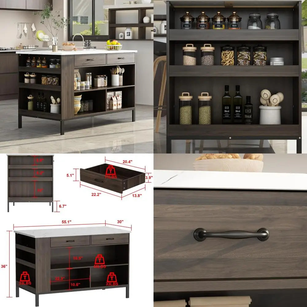 Kitchen Island with Storage, Table with 6 Open Shelves & 2 Drawers & Kitchen Prep