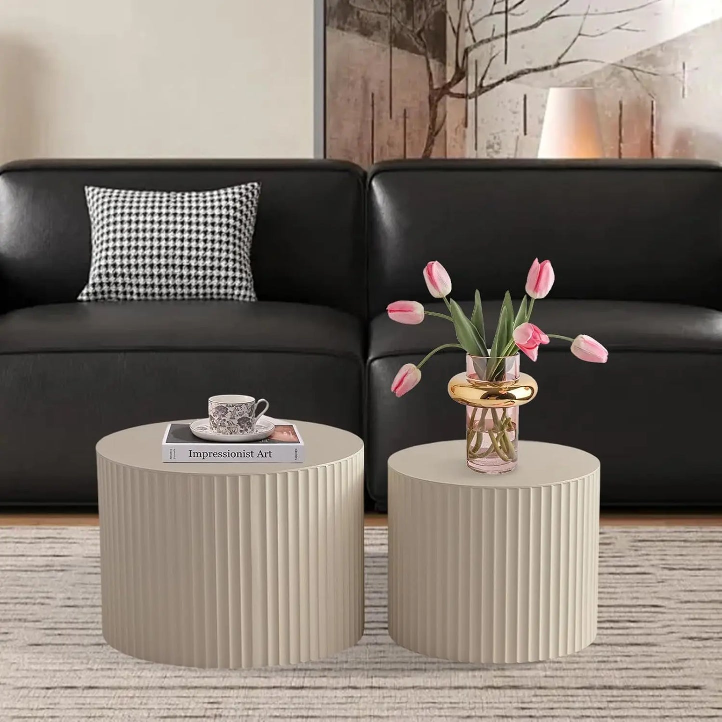 Round Nesting Coffee Table Set of 2, Modern Coffee and End Table Set Small Circle Wooden Drum Side Table Accent End Tables for L