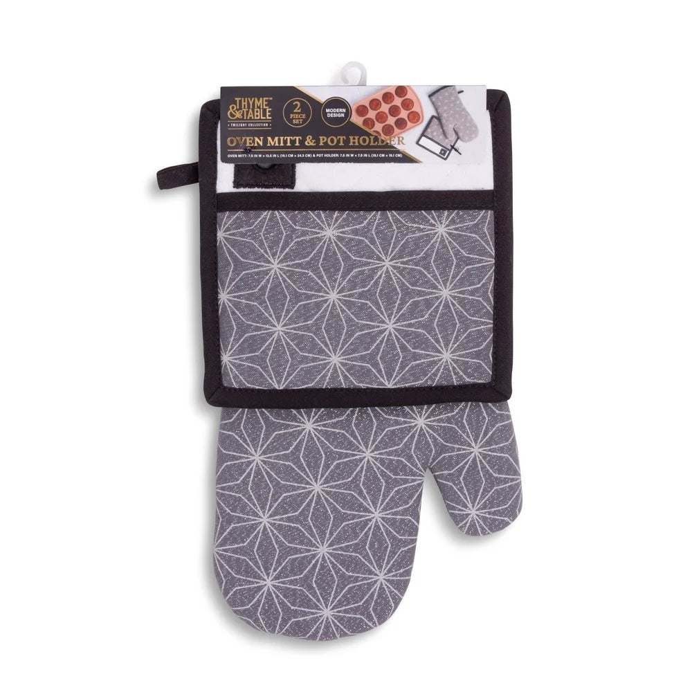Heat Resistant Oven Mitt Potholder Set Comfortable Grip Machine Washable Stylish Star Pattern