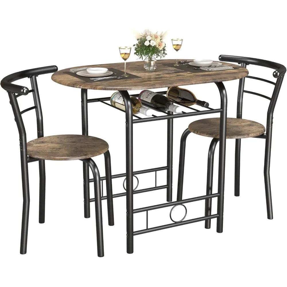 3-Piece Wooden Round Table & Chair Set, Space Saving with Metal Frame