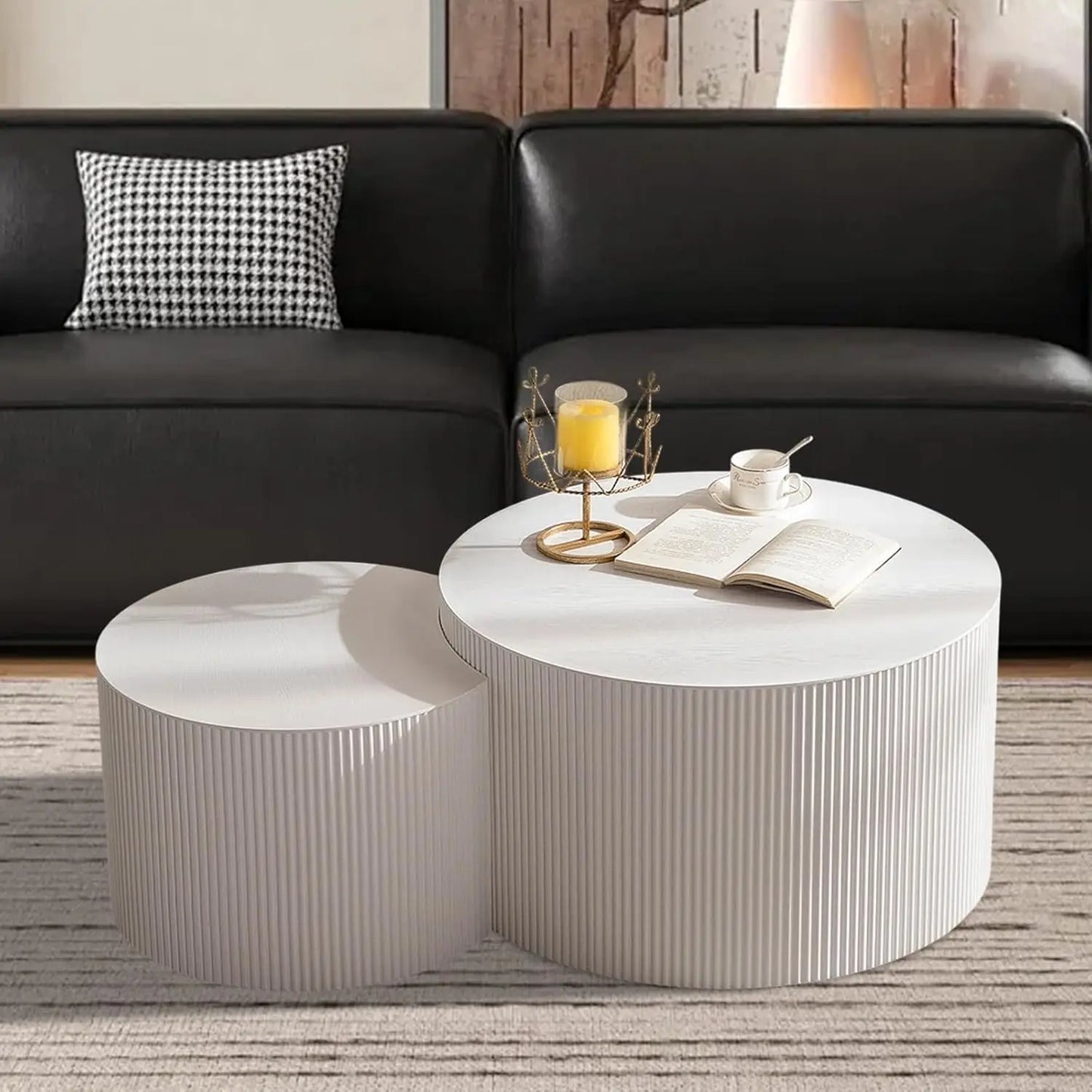 Round Nesting Coffee Table Set of 2, Modern Coffee and End Table Set Small Circle Wooden Drum Side Table Accent End Tables for L