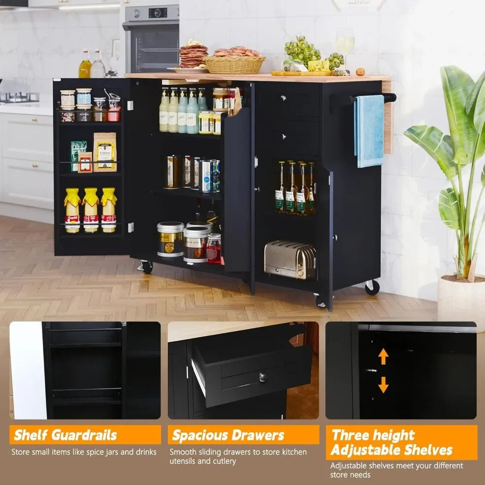 Rolling Kitchen Island with storage, Drop-Leaf Bar Countertop, Island Table with Side
