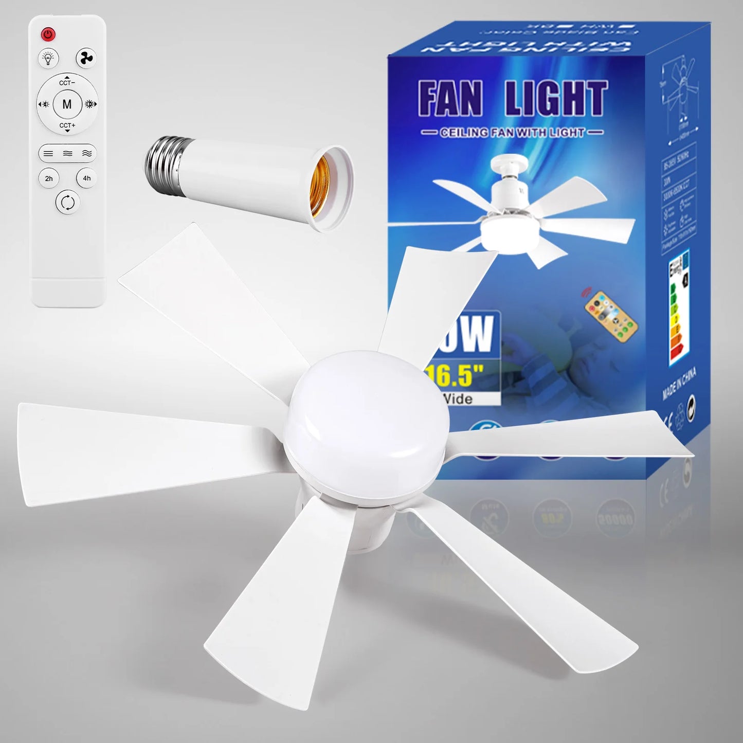 Socket Fan Light 3 Speeds Dimmable Screw in Ceiling Fan in Light Socket with Extender & 6 Blades Ceiling Fan with Light