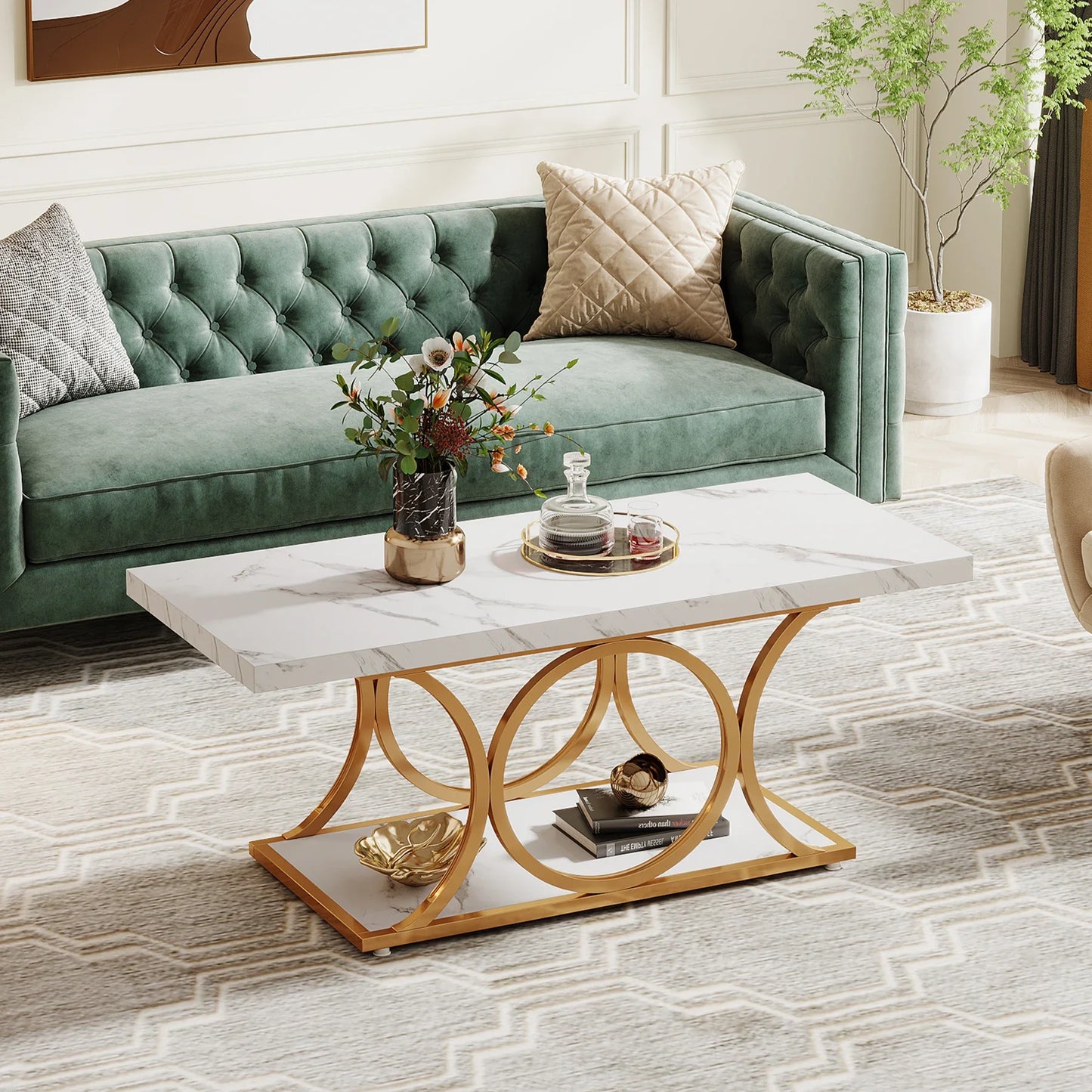 Rectangle Coffee Table, 47.24-inch Modern for Living Room, 2-Tier Faux Marble Wood