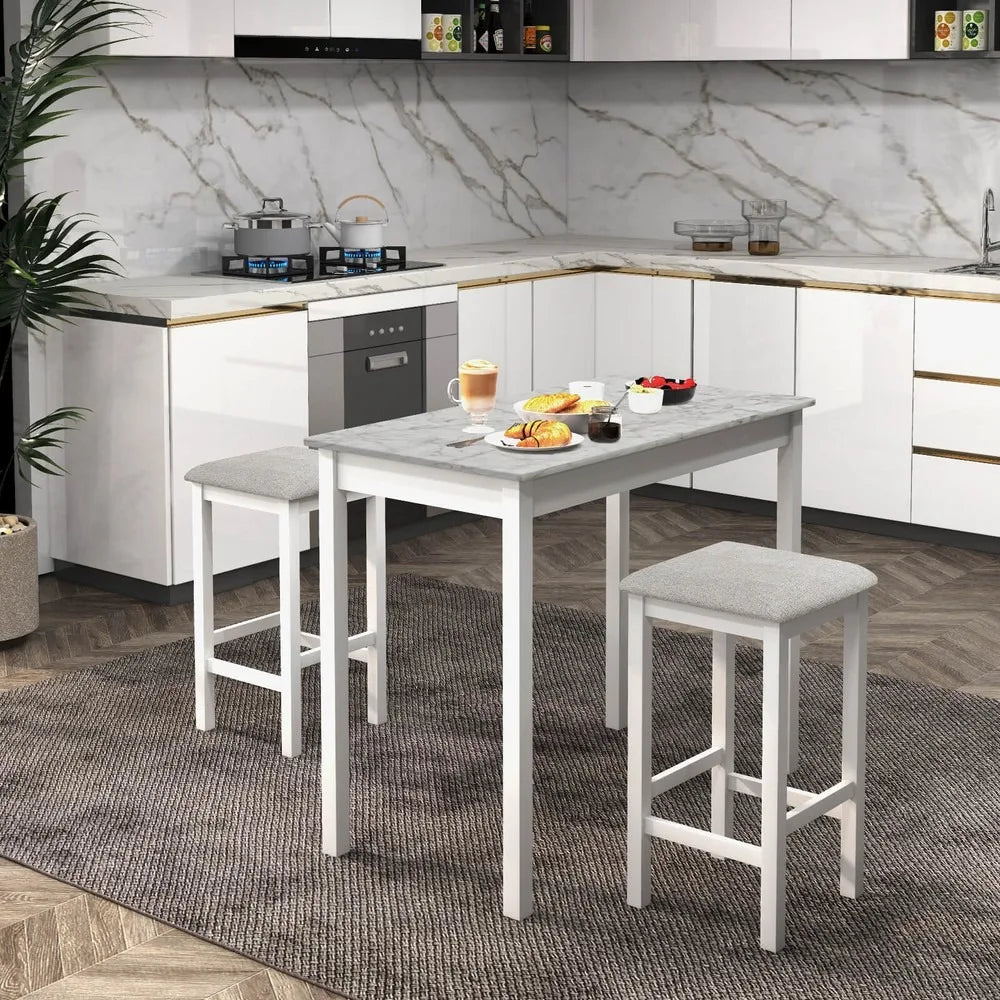 3 PCS Bar Table Set Dining Table & 2 Linen Fabric Padded Bar Stools Faux Marble