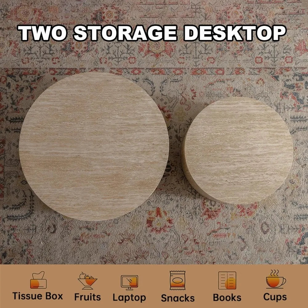 Round Nesting Coffee Table Set of 2, Modern Coffee and End Table Set Small Circle Wooden Drum Side Table Accent End Tables for L