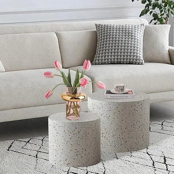 Round Nesting Coffee Table Set of 2, Modern Coffee and End Table Set Small Circle Wooden Drum Side Table Accent End Tables for L
