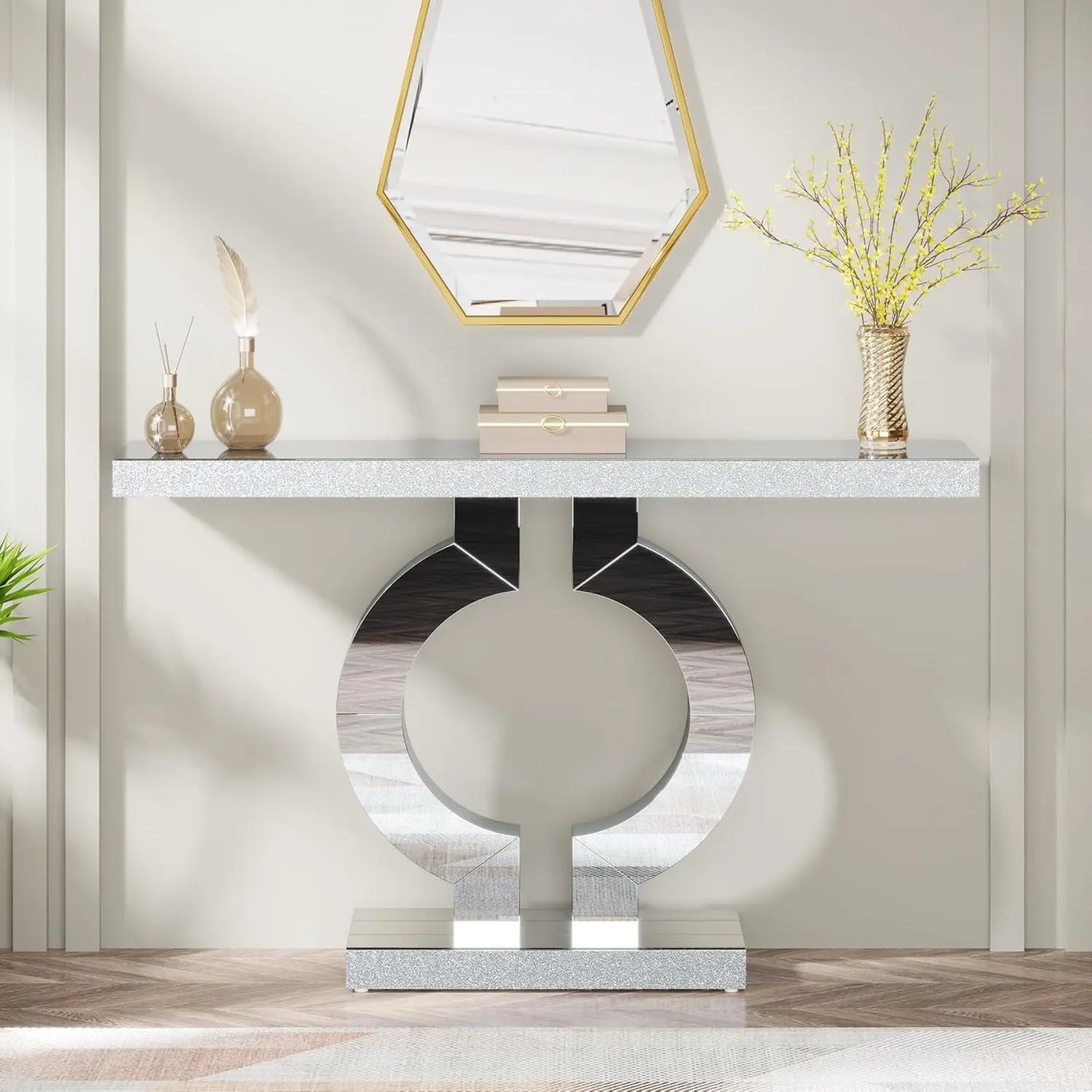 43.3-Inch (110cm)Mirrored Console Table, Modern Entryway Table Mirror Finish Tabletop