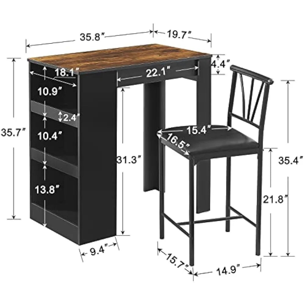 Small Table Tall Kitchen Breakfast Nook with Stools Set for 2, Storage Shelves, Space-Saving, Retro