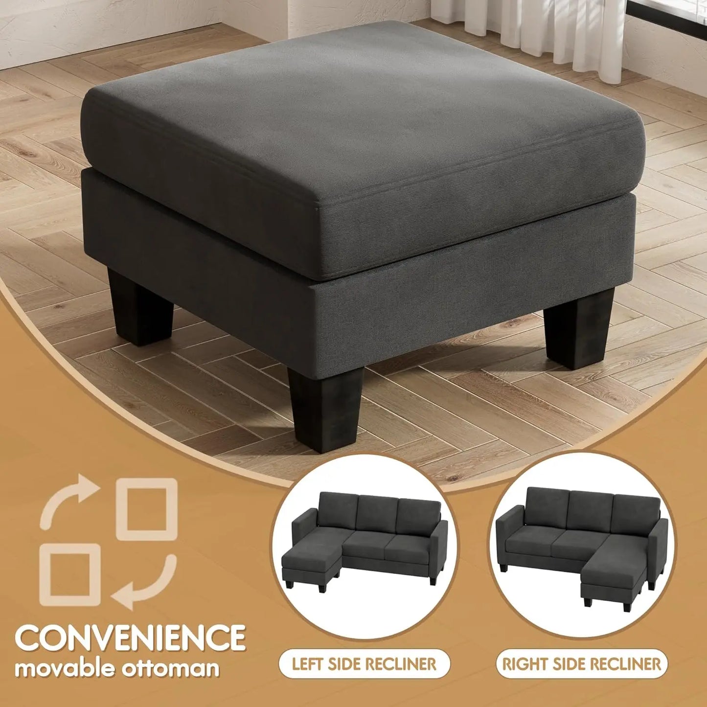 Sofa Couch 3 Seat L-Shaped Sofa with Linen Fabric Ottoman for Small Apartments Living Room Office