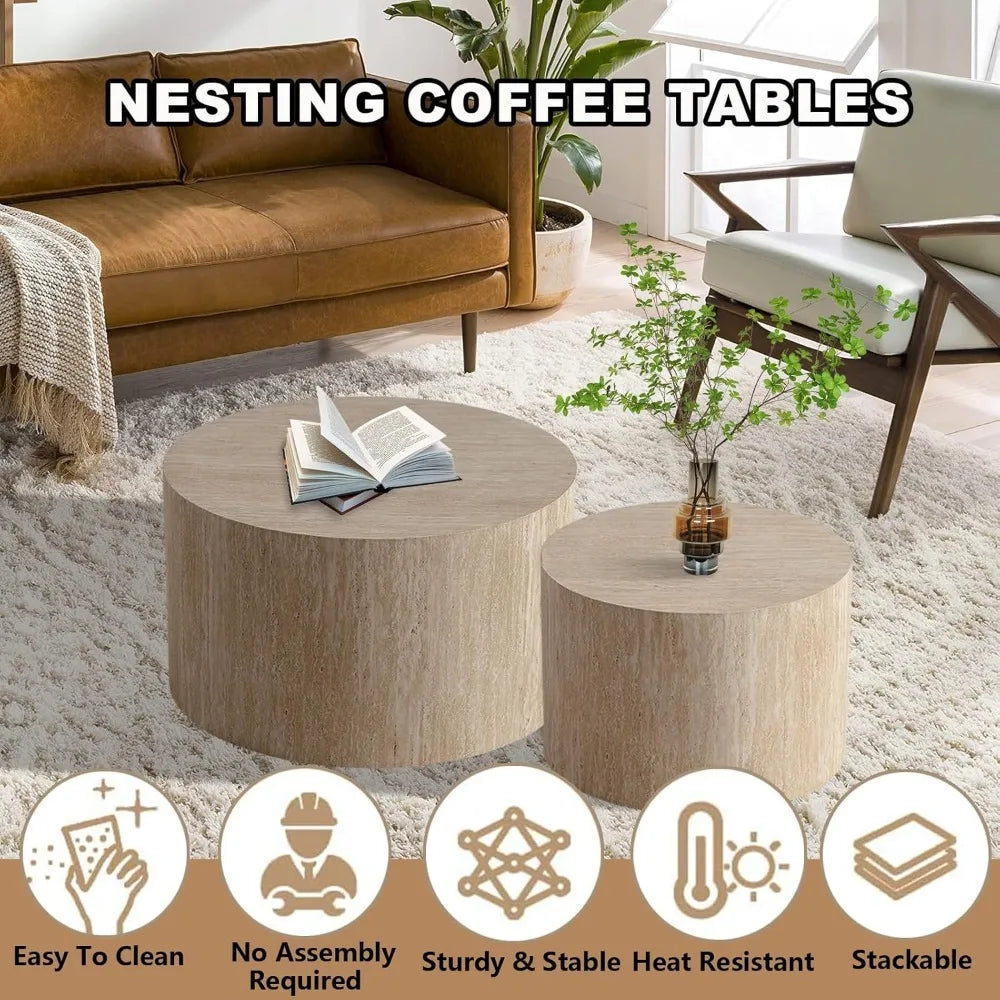 Round Nesting Coffee Table Set of 2, Modern Coffee and End Table Set Small Circle Wooden Drum Side Table Accent End Tables for L