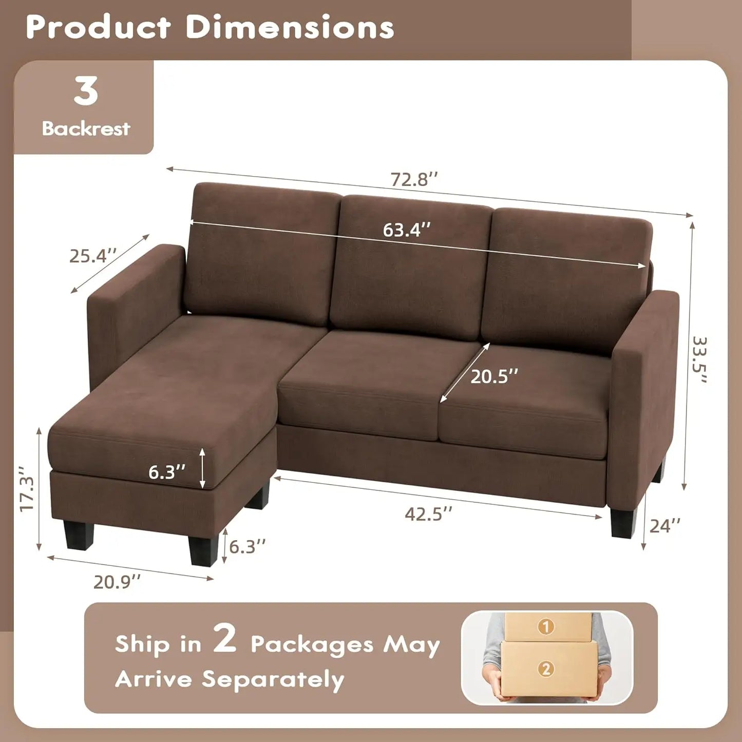 Sofa Couch 3 Seat L-Shaped Sofa with Linen Fabric Ottoman for Small Apartments Living Room Office