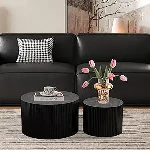 Round Nesting Coffee Table Set of 2, Modern Coffee and End Table Set Small Circle Wooden Drum Side Table Accent End Tables for L