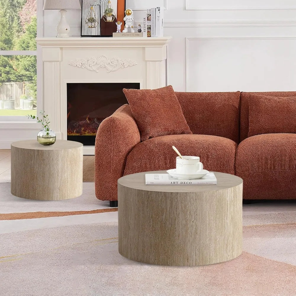 Round Nesting Coffee Table Set of 2, Modern Coffee and End Table Set Small Circle Wooden Drum Side Table Accent End Tables for L