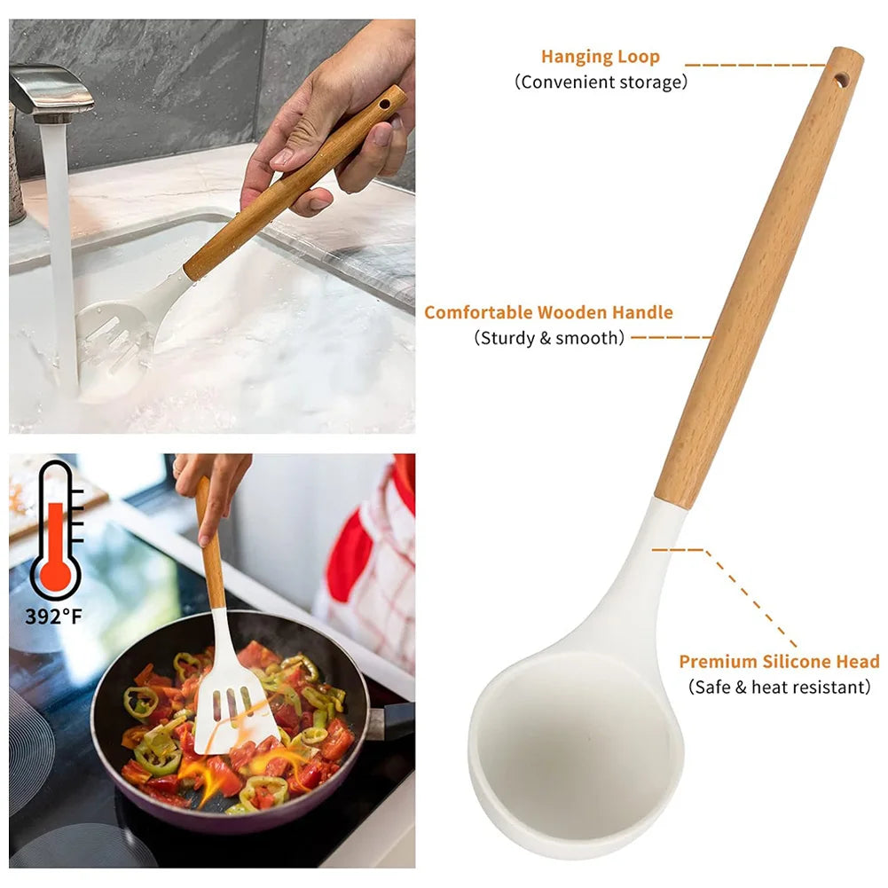 12Pcs Kitchen Utensil Set Silicone Spatula, Wooden Handle, Whisk Non-Stick
