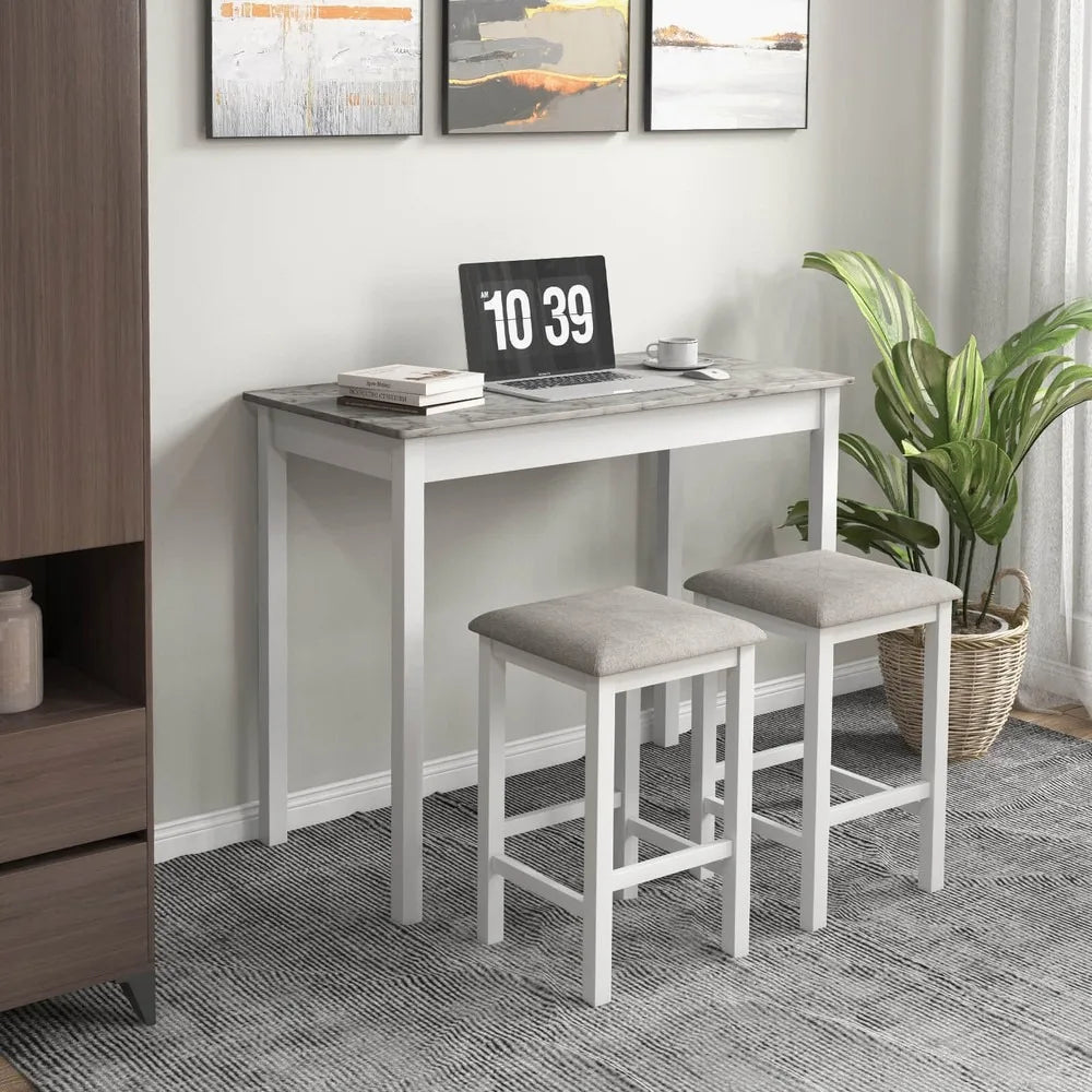 3 PCS Bar Table Set Dining Table & 2 Linen Fabric Padded Bar Stools Faux Marble