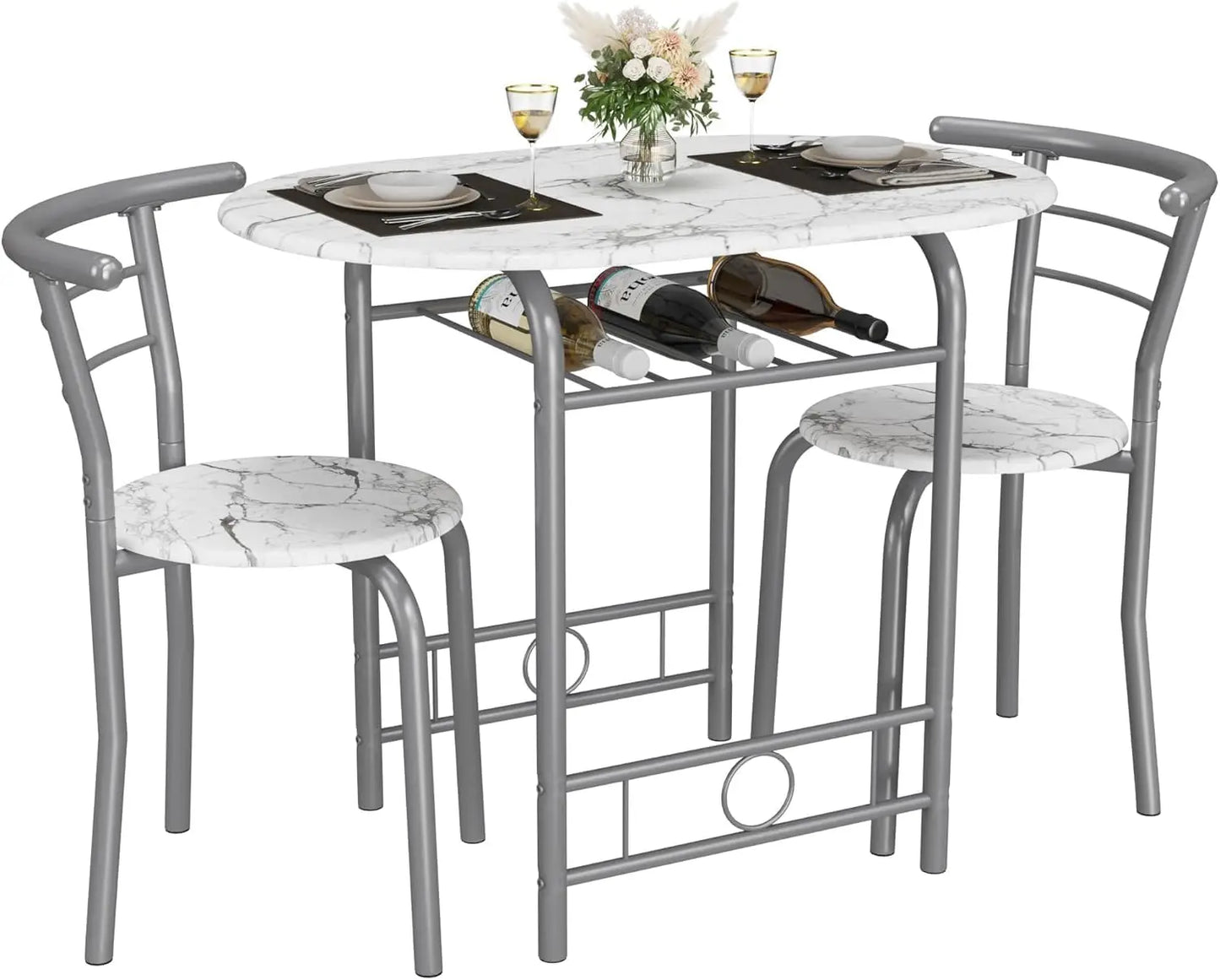 3-Piece Wooden Round Table & Chair Set, Space Saving with Metal Frame