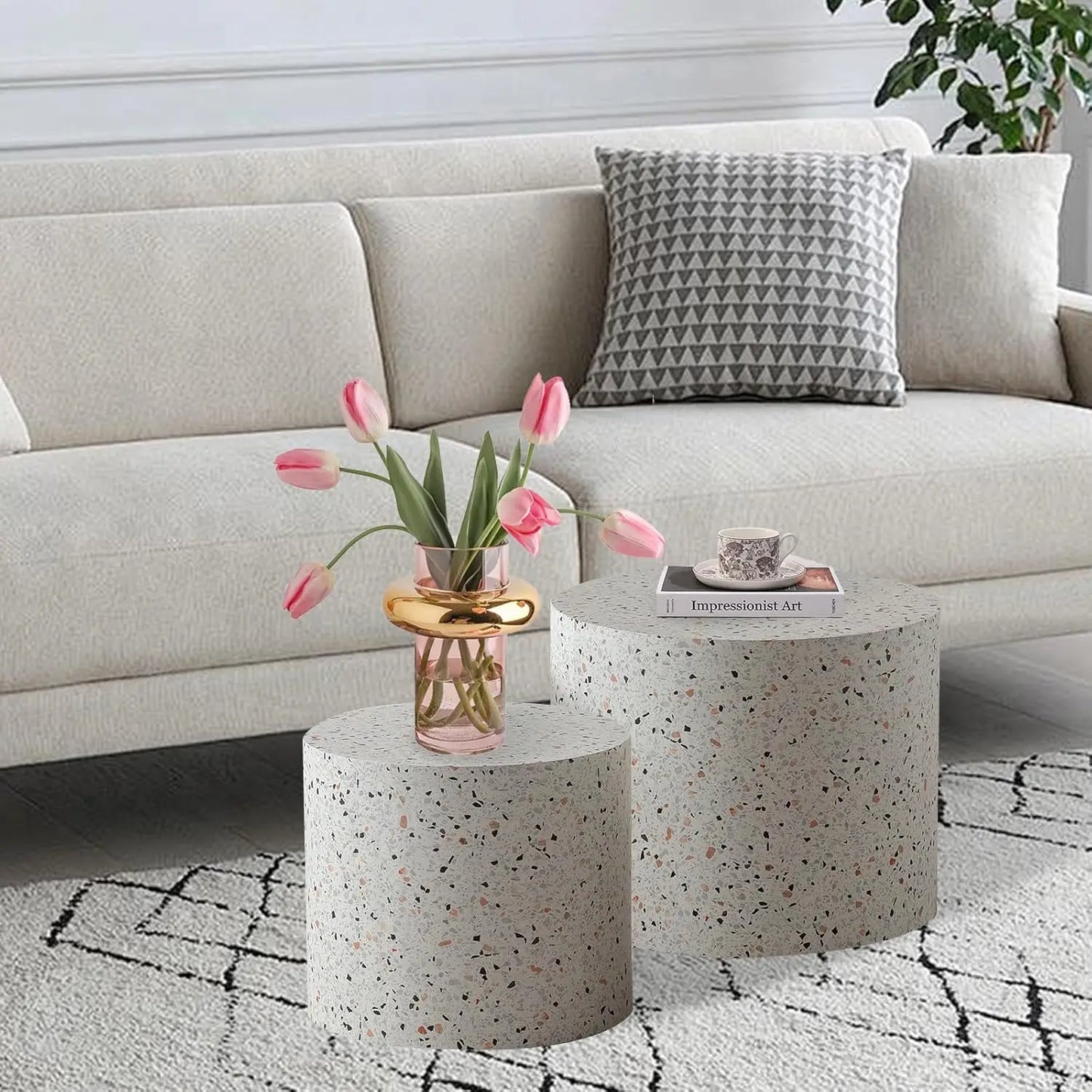 Round Nesting Coffee Table Set of 2, Modern Coffee and End Table Set Small Circle Wooden Drum Side Table Accent End Tables for L