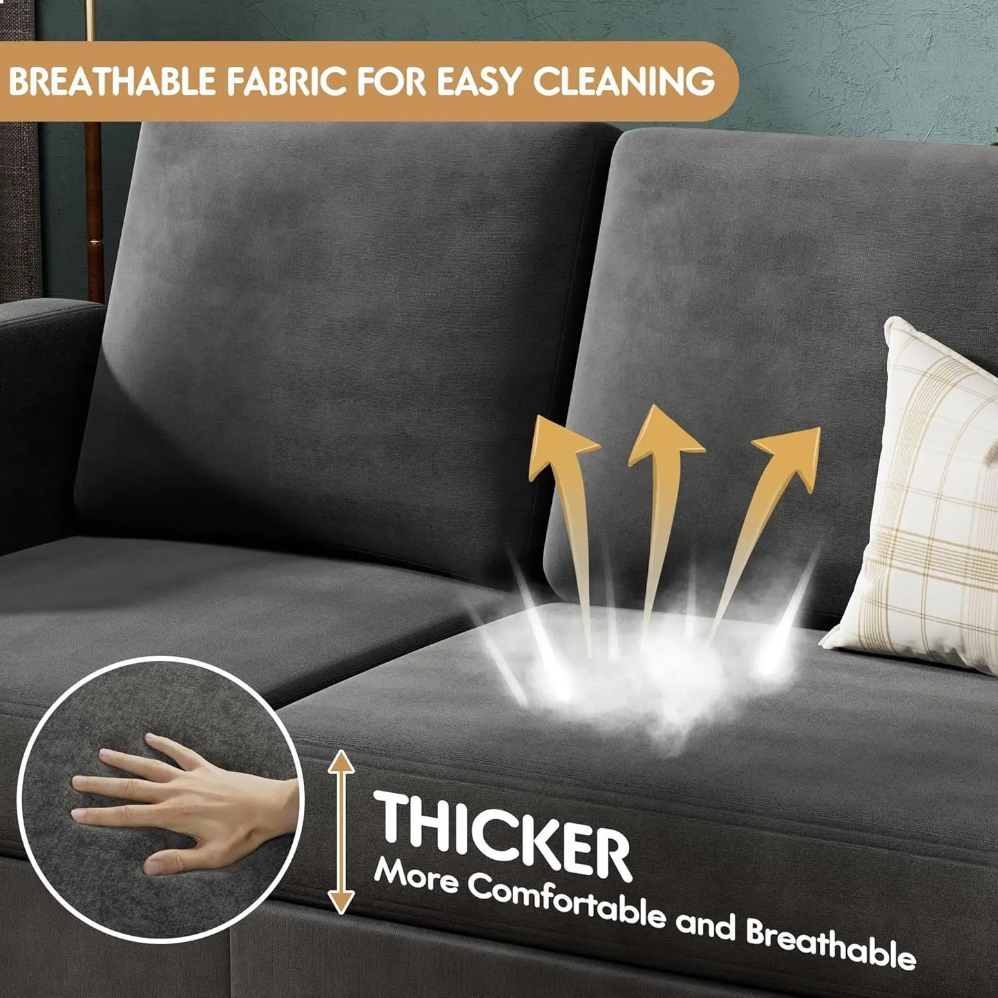 Sofa Couch 3 Seat L-Shaped Sofa with Linen Fabric Ottoman for Small Apartments Living Room Office