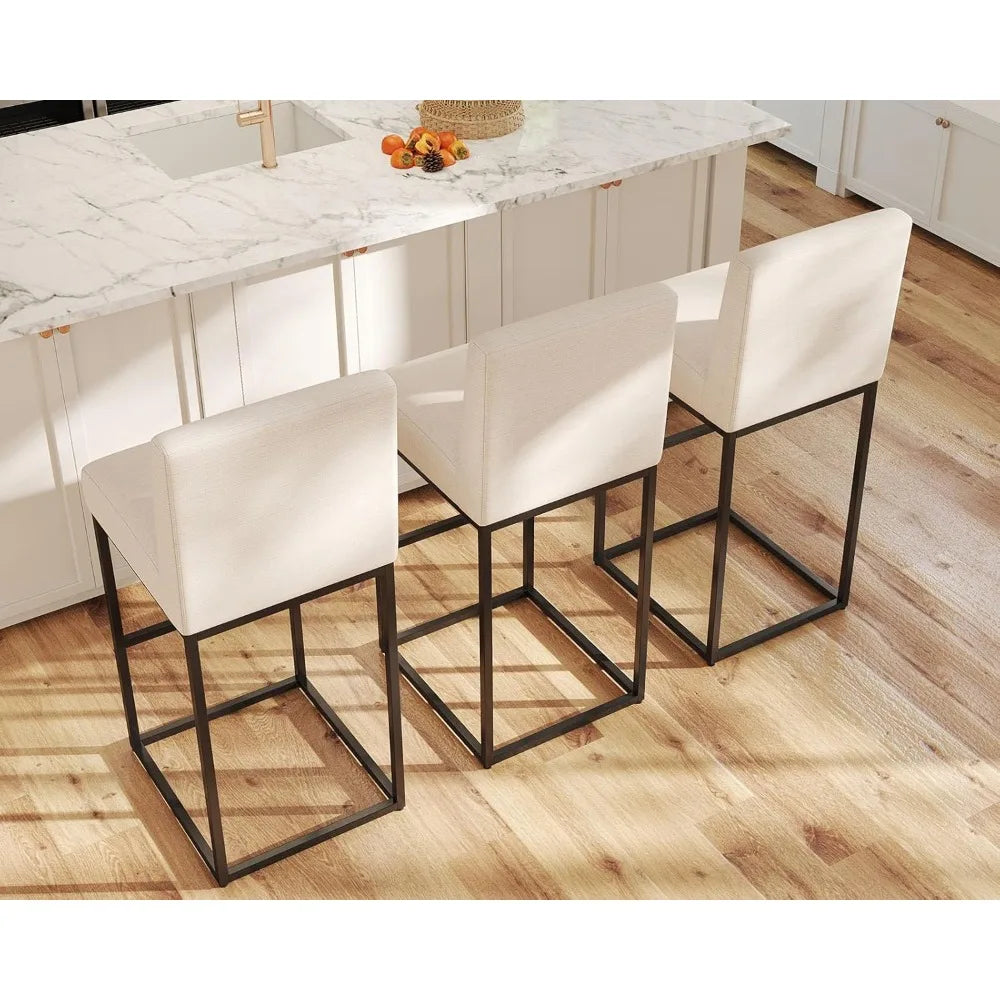 Modern Counter Height Bar Stools, Linen Upholstered with Backrest, 31 Inch